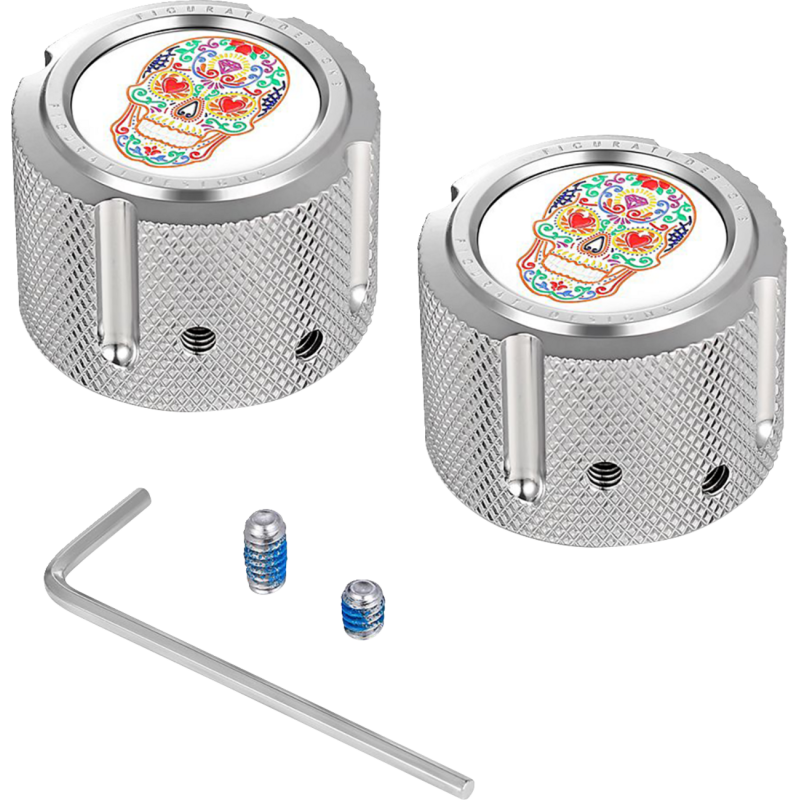 FRONT AXLE NUT COVERS SILVER WITH SUGAR SKULLS