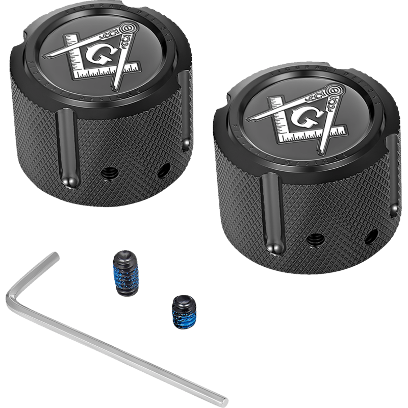 FRONT AXLE NUT COVERS BLACK WITH MASONIC EMBLEM