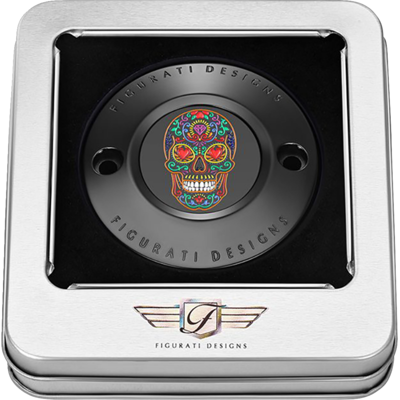 TIMING COVER BLACK WITH SUGAR SKULL-FIRE, 2-HOLE
