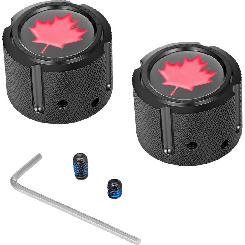 RED MAPLE LEAF FRONT AXLE NUT COVER BLACK