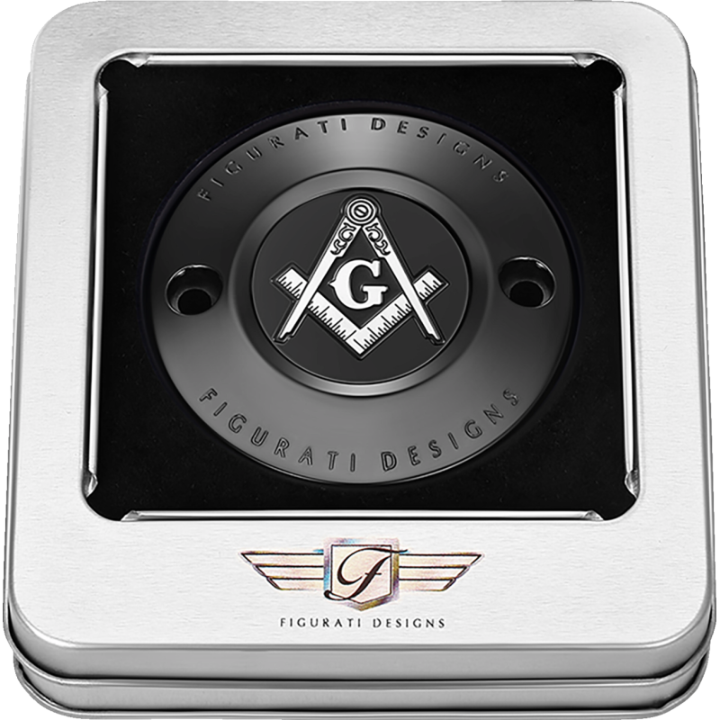 TIMING COVER BLACK WITH MASONIC EMBLEM, 2-HOLE